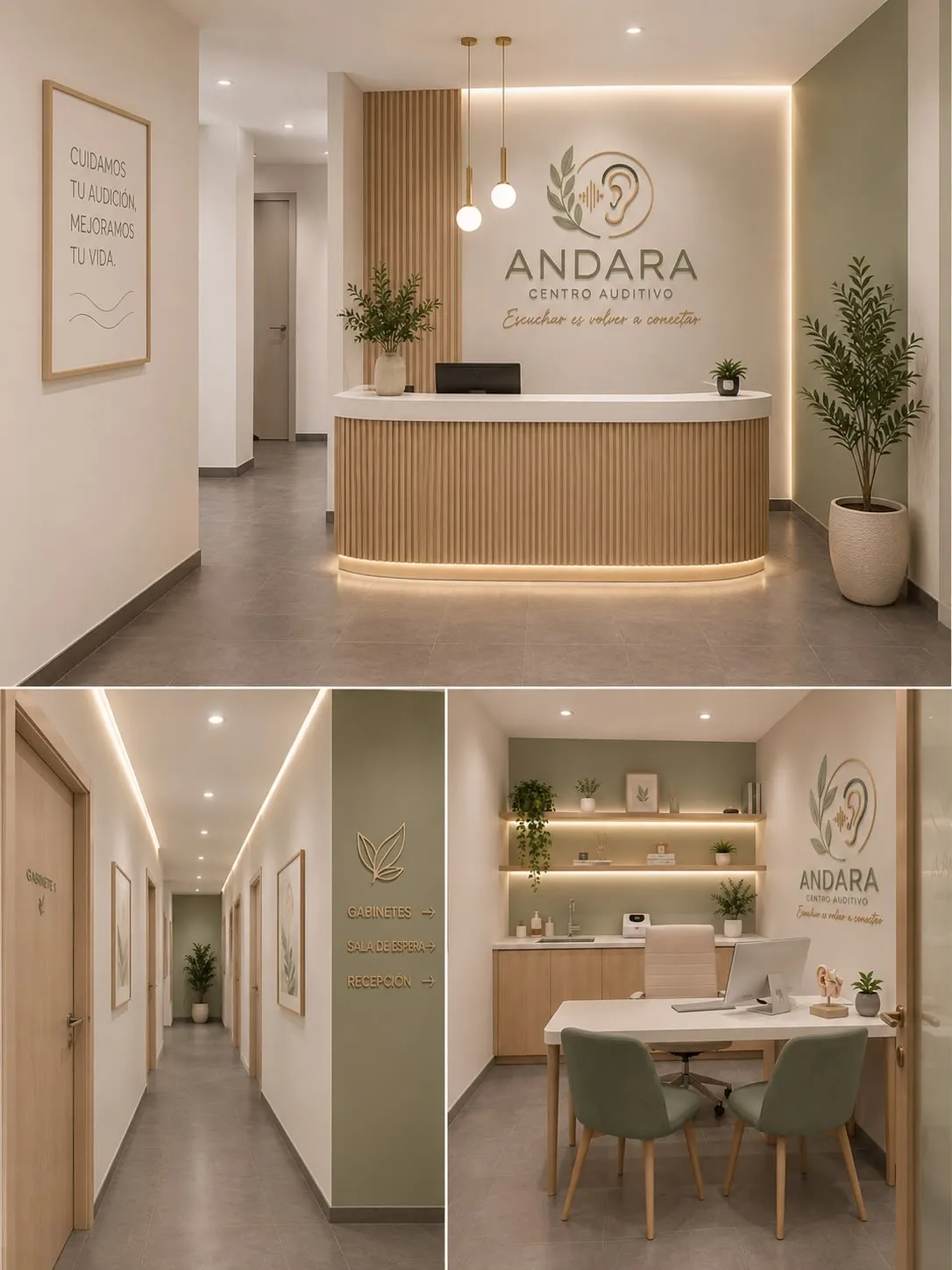 Interior de ANDARA. Arriba, la recepción: un mostrador de listones de madera con luz cálida y, en la pared, el logotipo del centro sobre fondo verde salvia con el lema «Escuchar es volver a conectar». Abajo a la izquierda, el pasillo que lleva a los gabinetes, la sala de espera y la recepción. Abajo a la derecha, un gabinete de audiología con la mesa de consulta, dos sillas para el paciente y sus acompañantes, y un modelo anatómico de oído.